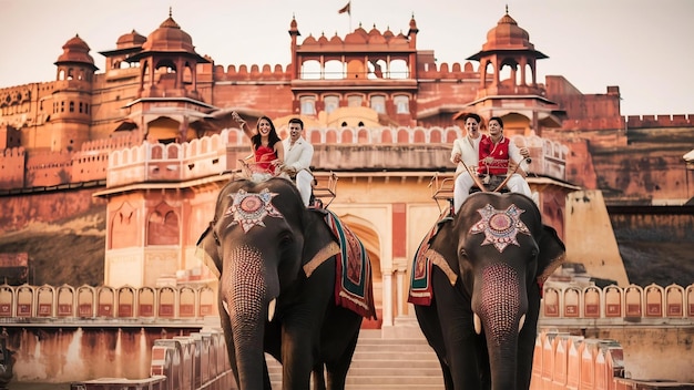 Cavalcare elefanti famosa attrazione turistica nel forte di Amber di Jaipur in India