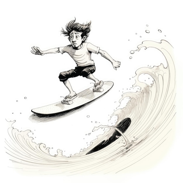 Cavalcare le onde Un divertente disegno in stile Quino in retro Surfer Vibe su sfondo bianco Catturato a