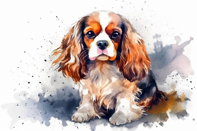 Cavalier king charles spaniel adorabile illustrazione dell'acquerello del cucciolo di cane con macchie di colore tutto il cane