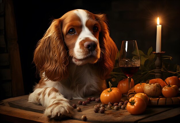 Cavalier King Charles Spaniel con zucche e vino in una stanza buia