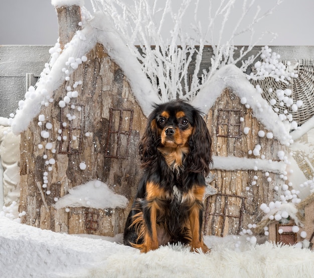 Cavalier King Charles Spaniel davanti a uno scenario di Natale