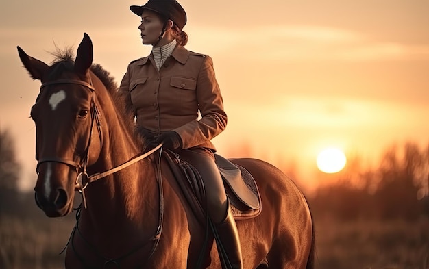 Cavaliera jockey in uniforme cavalcando a cavallo all'aperto giorno soleggiato pubblicità professionale ai generato