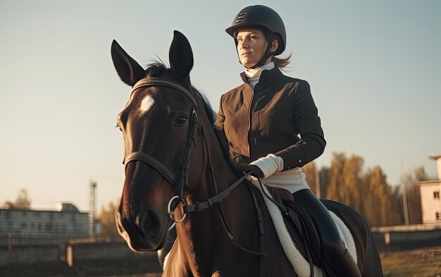 Cavaliera jockey in uniforme cavalcando a cavallo all'aperto giorno soleggiato pubblicità professionale ai generato