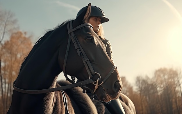 Cavaliera jockey in uniforme cavalcando a cavallo all'aperto giorno soleggiato pubblicità professionale ai generato