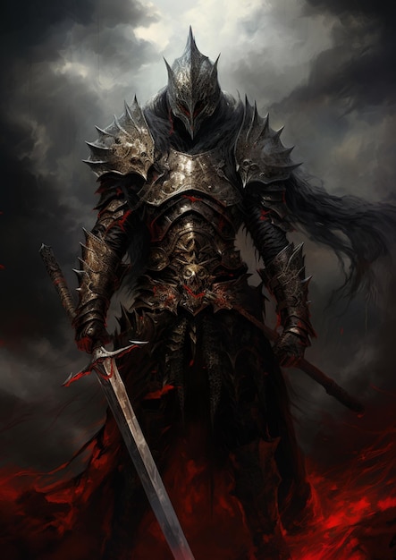Cavaliere arrotato con una spada in piedi in un campo di fiamme rosse generativo ai