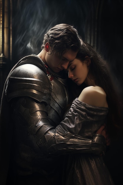 Cavaliere che abbraccia una signora in abito medievale