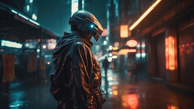 Cavaliere cibernetico che pattuglia le strade di una città futuristica IA generativa