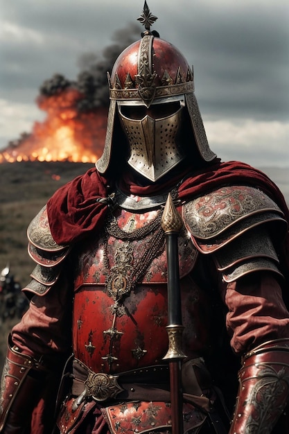 Cavaliere con la spada sul campo di battaglia con nuvole scure sangue e dolore della guerra