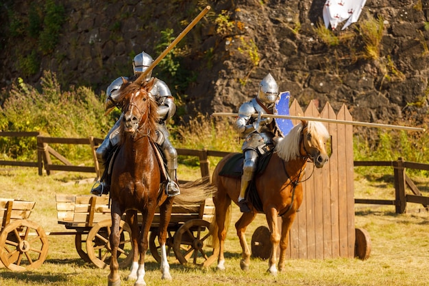 Cavaliere in armatura medievale a cavallo. Foto di alta qualità