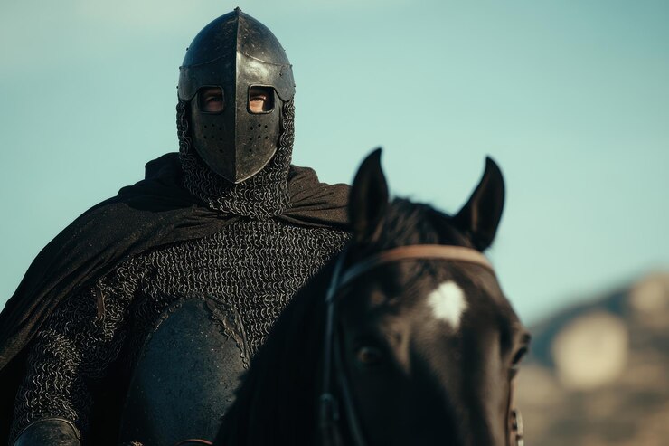 Cavaliere medievale a cavallo in armatura con casco sotto un cielo blu