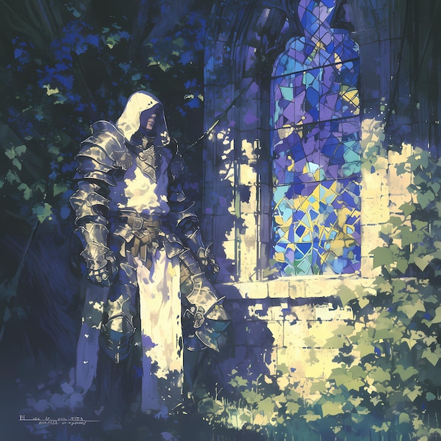 Cavaliere medievale epico in armatura in piedi davanti a una finestra con vetrate