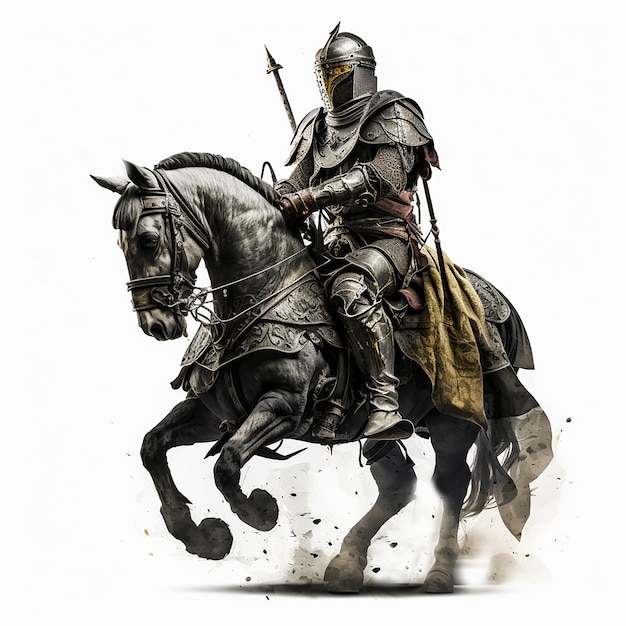Cavaliere medievale in antica armatura di metallo su un cavallo vestiti di un elmo di armatura guerriero medievale