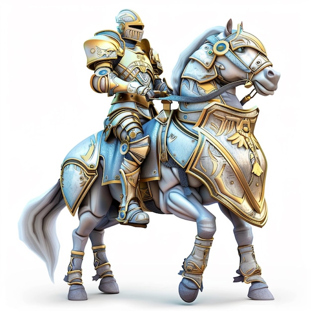 Cavaliere paladino di cartoni animati 3D cavalca un cavallo isolato su bianco