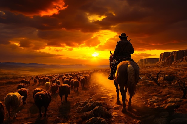 Cavaliere su sfondo arancione al tramonto Silhouette di cowboy sul selvaggio ovest Generativa AI