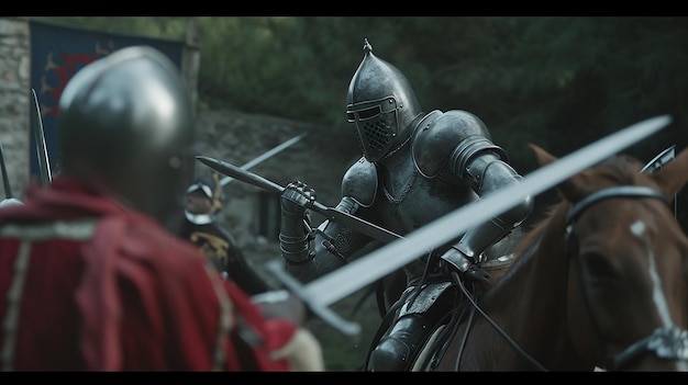 Cavalieri corazzati medievali che combattono per i loro cavalli