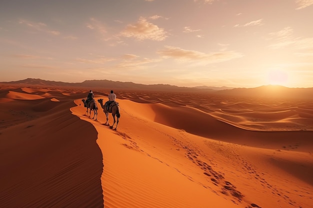 Cavalieri di cammelli che camminano su una bella carovana di cammelli nel cielo limpido del deserto dorato