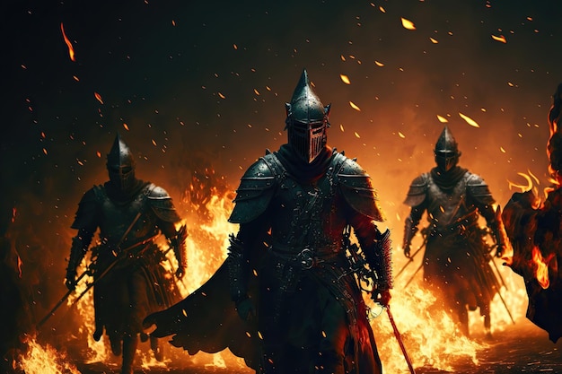 Cavalieri sul campo di battaglia dopo la vittoria Tutto è in fiamme I cavalieri sono un guerriero in armatura e caschi Medieval Fantasy Battle