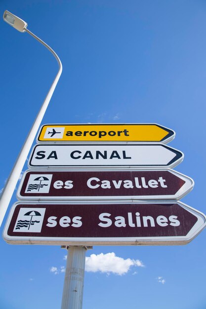 Cavallet e Salines Spiagge direzione segno Ibiza Spagna su sfondo blu cielo