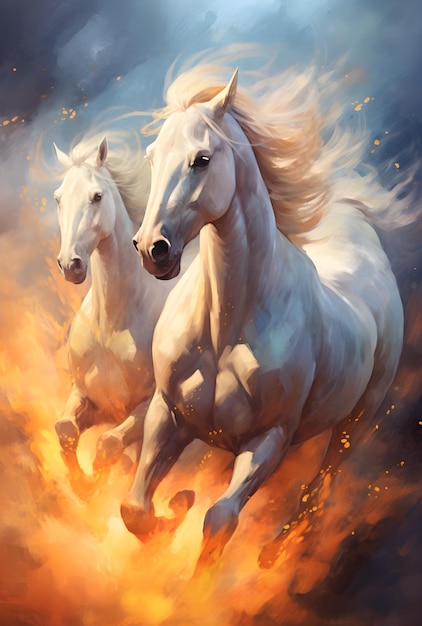 Cavalli bianchi con i capelli fiammeggianti volano nell'aria nello stile della pittura