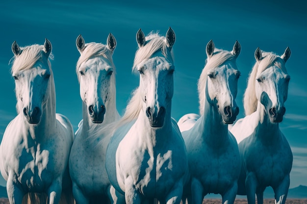Cavalli bianchi in fila nella natura IA generativa