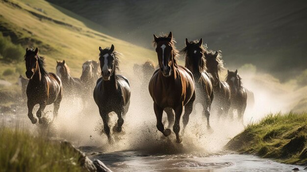 Cavalli che corrono giù per la collina ad alta velocità con l'onda dell'acqua che insegue