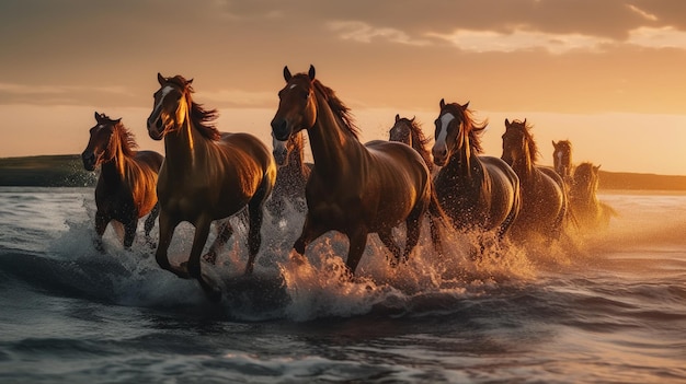 Cavalli che corrono in acqua al tramonto