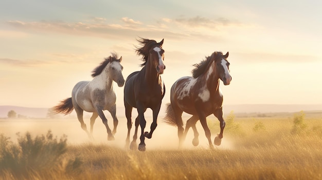 Cavalli che corrono in un campo al tramonto