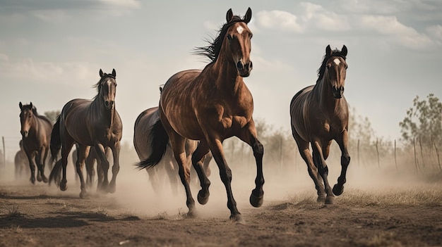 Cavalli che corrono in un campo con la polvere sul viso