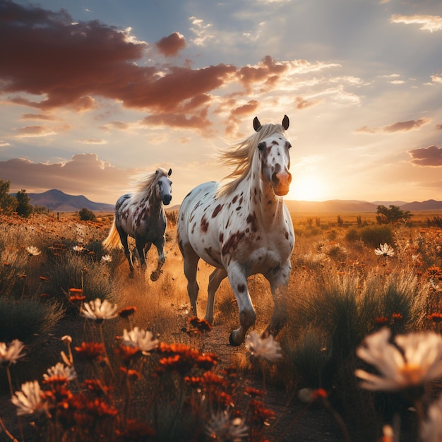 cavalli che corrono in un campo di fiori al tramonto generativo ai