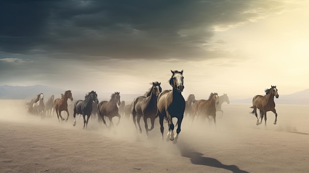 Cavalli che corrono nel deserto con un cielo nuvoloso