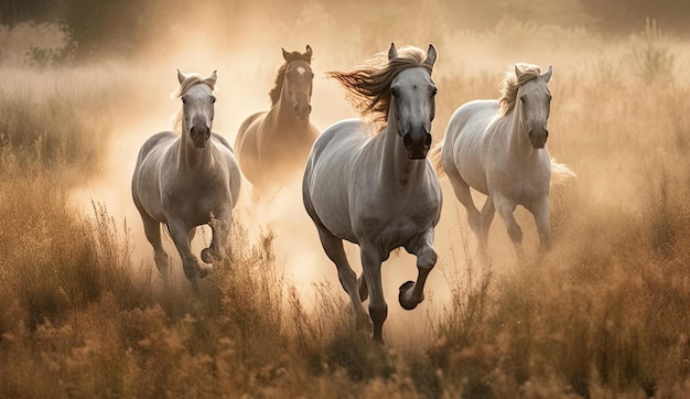 cavalli che corrono nell'erba e nella polvere nello stile del bianco scuro e del beige chiaro