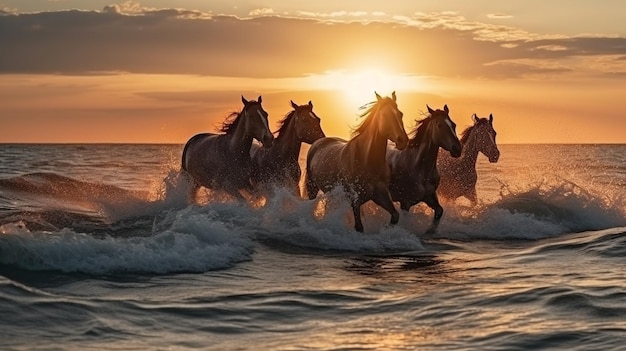 Cavalli che corrono sulla spiaggia al tramonto