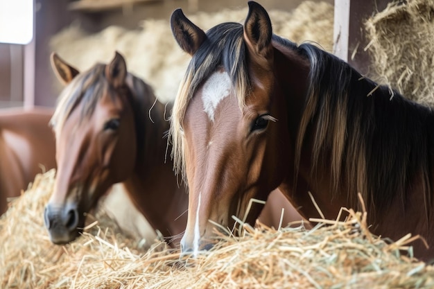 Cavalli che masticano paglia in una stalla