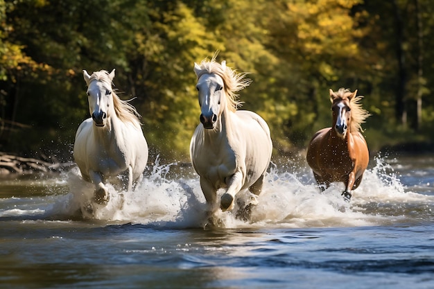 Cavalli che nuotano nel fiume