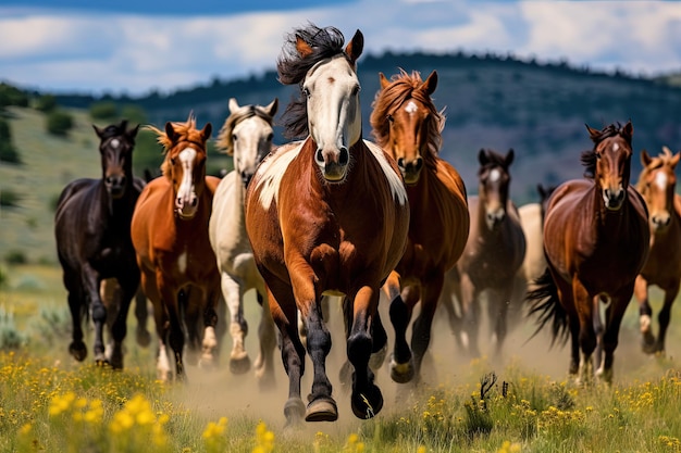 Cavalli colorati corrono davanti ai Monti Pryor nel Montana