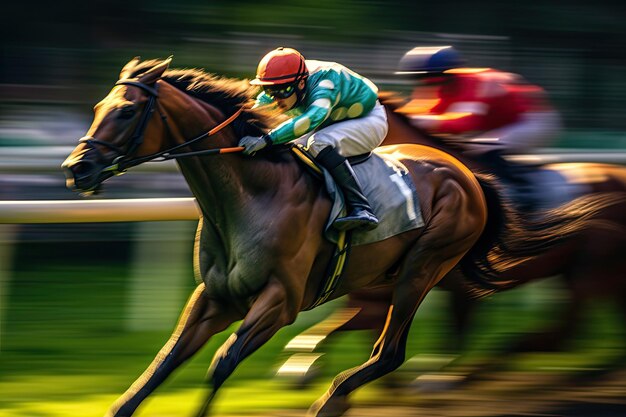 Cavalli da gara Cavalli da corsa con jockeys con sfocamento del movimento Jockeying per la vittoria nel campo da corsa Generative Ai