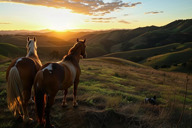 Cavalli fianco a fianco guardando l'alba sulle colline