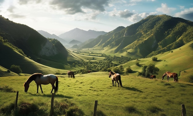 Cavalli in un campo con le montagne sullo sfondo