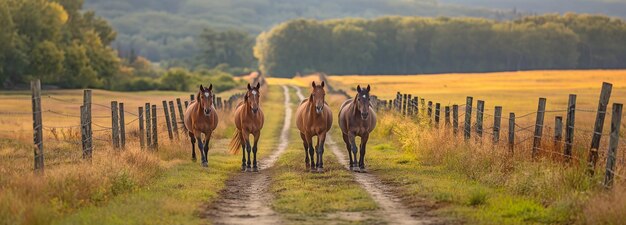 Cavalli in un gruppo che passeggiano accanto a una linea di recinzione delle strade di un paese rurale