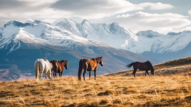 Cavalli in un pascolo vicino alle montagne in Kazakistan