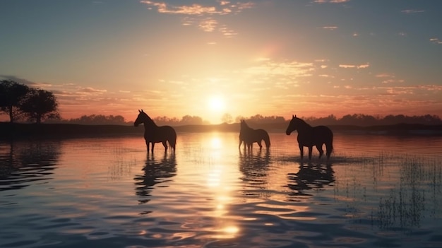 Cavalli nel lago al tramonto Bellissimo paesaggio rurale con cavalli generativi ai