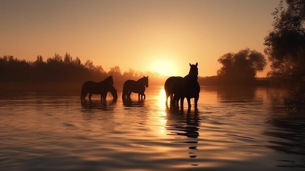 Cavalli nel lago al tramonto Bellissimo paesaggio rurale con cavalli generativi ai