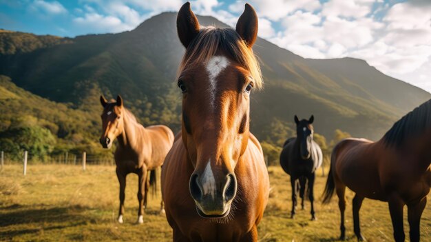 Cavalli purosangue al pascolo con bellissimo sfondo verde di montagna al mattino generativo AI