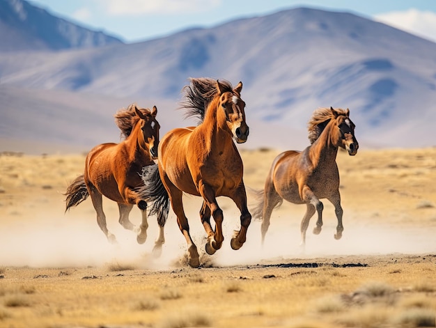 Cavalli selvaggi che galoppano attraverso le steppe dorate della Mongolia