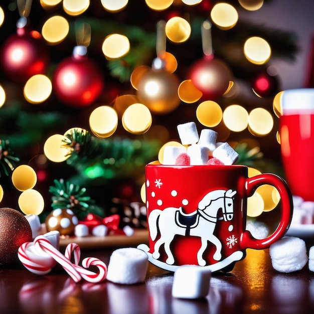 Cavallo a dondolo giocattolo e tazza rossa con cioccolato caldo e marshmallow e caramelle con albero di Natale