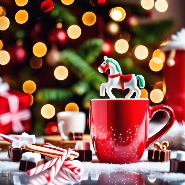 Cavallo a dondolo giocattolo e tazza rossa con cioccolato caldo e marshmallow e caramelle con albero di Natale