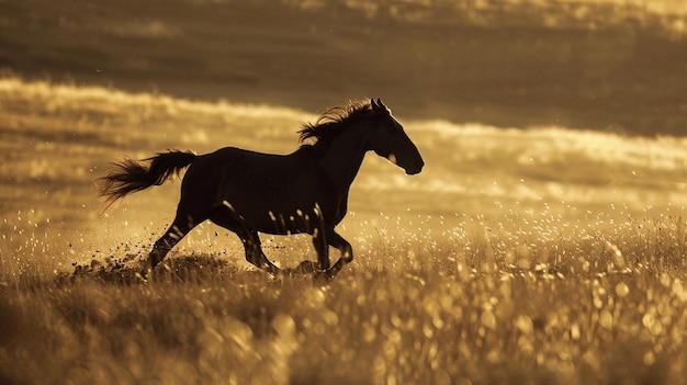 Cavallo al galoppo nel prato al tramonto Campo estivo