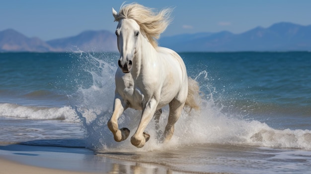 Cavallo bianco che corre sulla spiaggia