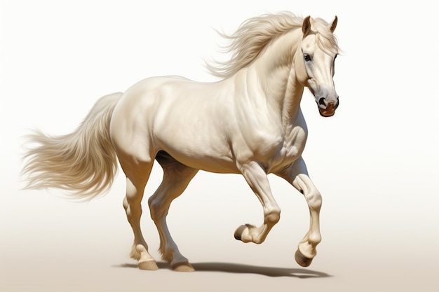 Cavallo bianco con lunga criniera che corre su uno sfondo bianco rendering 3D