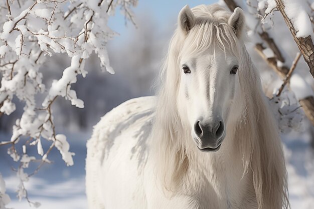 cavallo bianco in inverno paesaggio innevato